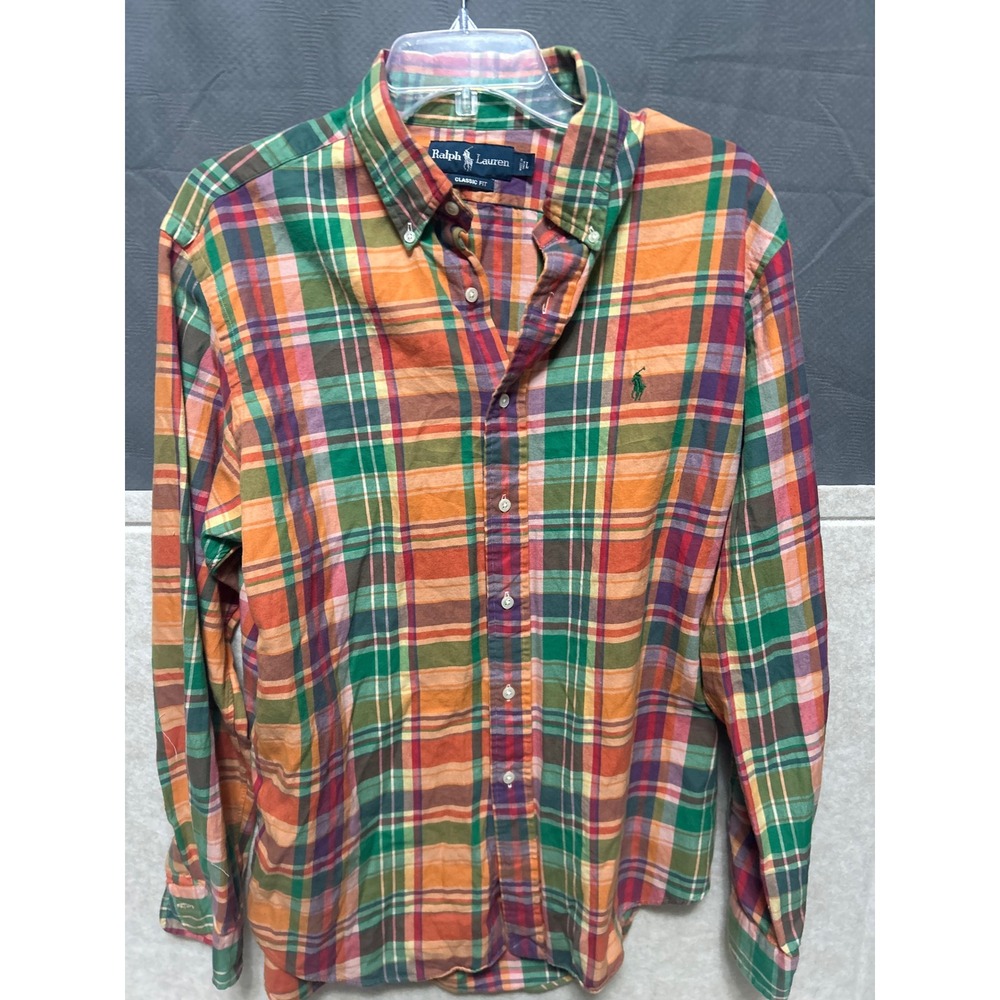 Polo Ralph Lauren Mens Classic Fit Plaid Button Down Shirt Orange Green Large